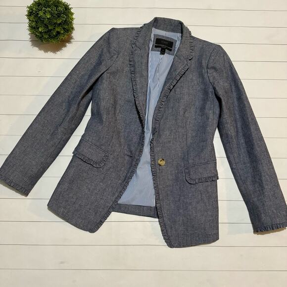 J‎ Crew Regent Ruffle Chambray Denim Blazer Jacket Women’s Size 00 - Picture 1 of 5